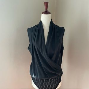 Vintage Nordstrom Lingerie Black 100% Silk Faux Wrap Sleeveless Plunge Bodysuit